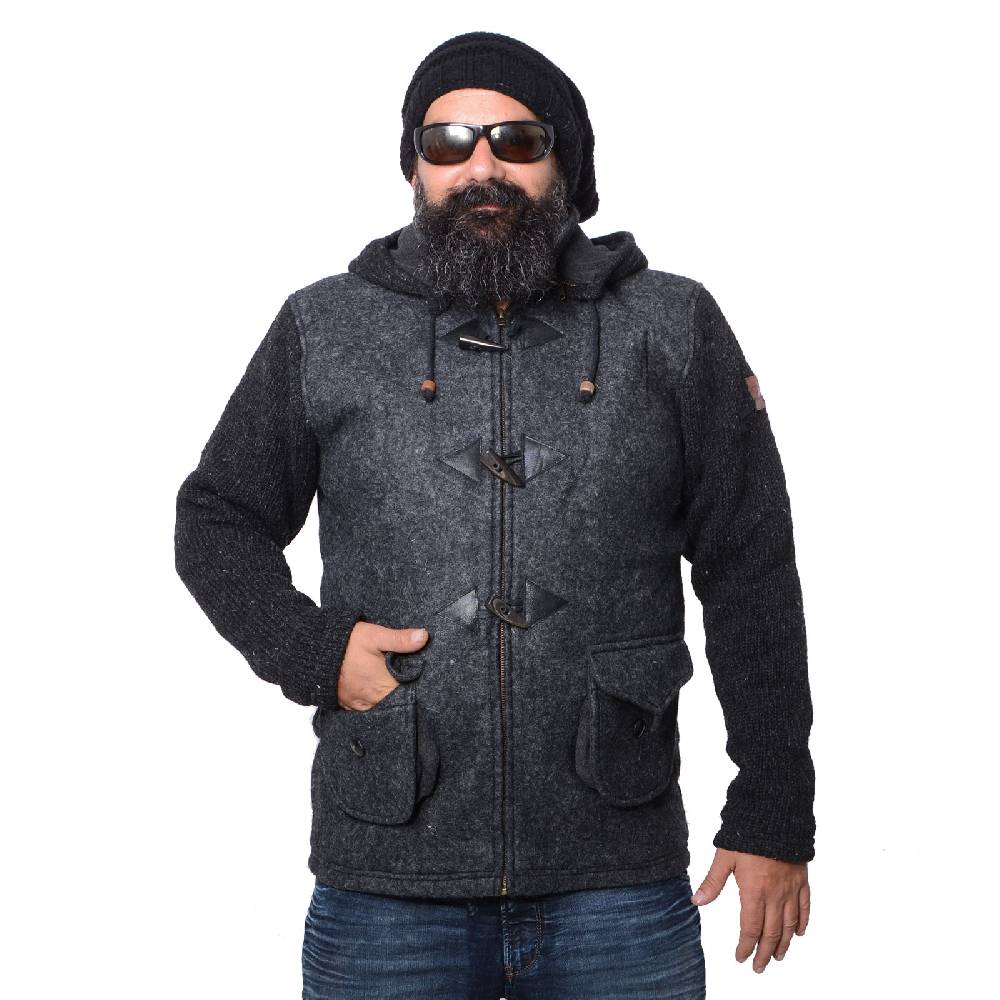 Kunst Und Magie Kunst und Magie Herren Loden Jacke mit gestrickten Ärmeln und abnehmbarer Kapuze Verkauf