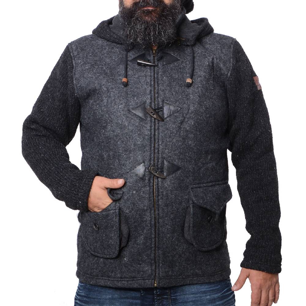 Kunst Und Magie Kunst und Magie Herren Loden Jacke mit gestrickten Ärmeln und abnehmbarer Kapuze Verkauf