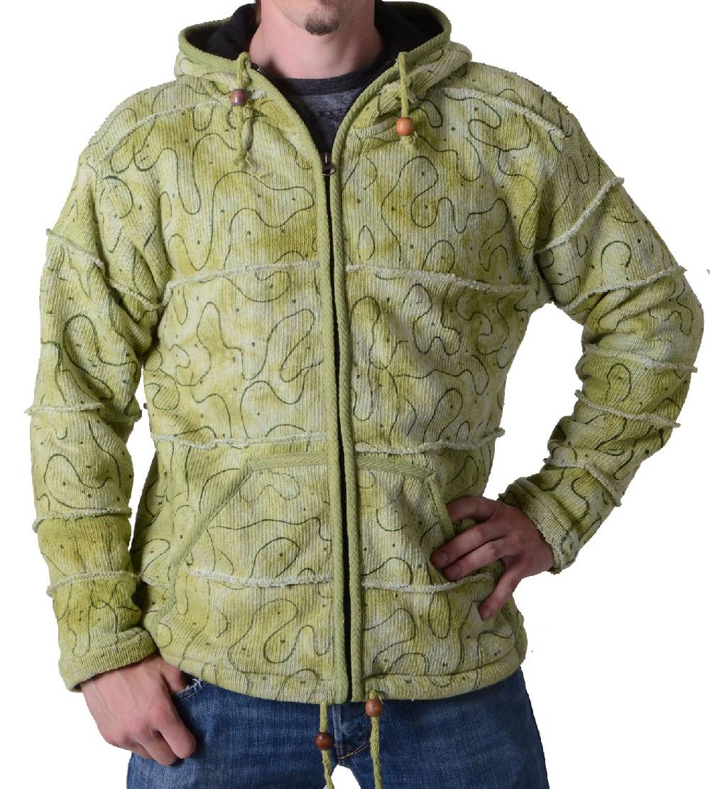 Kunst Und Magie Patchwork Goa Herren Strickjacke in Grün mit Kapuze - Hippiejacke