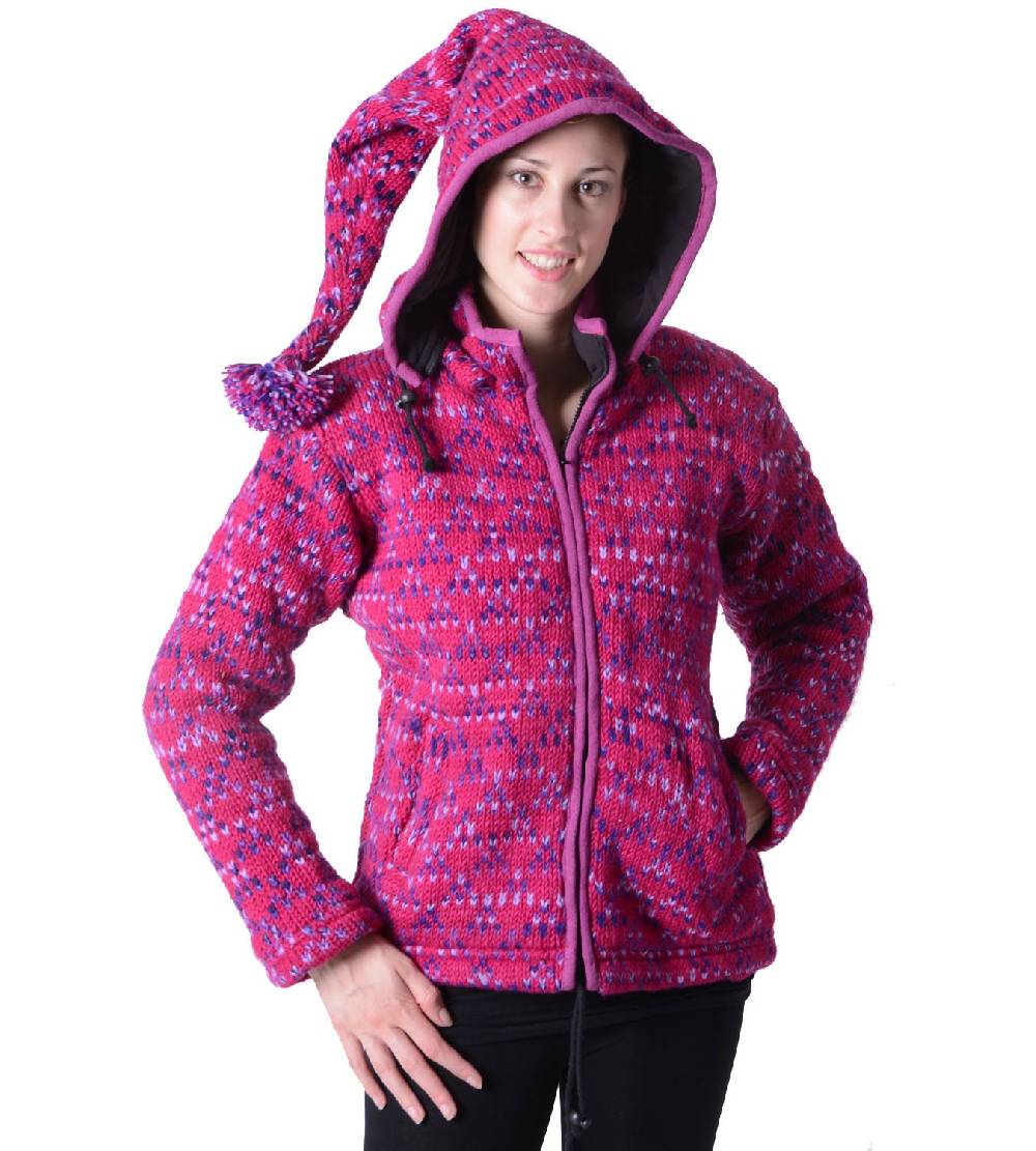 Kunst Und Magie Pinke Strickjacke Wolljacke Hippie Goa mit abnehmbarer Zipfelkapuze