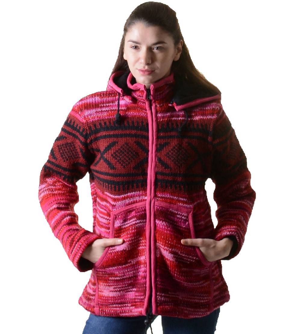 Kunst Und Magie Hippie Goa Nepal Strickjacke Poncho Woll-Pullover in Pink mit abnehmbarer Zipfelkapuze Nur für heute