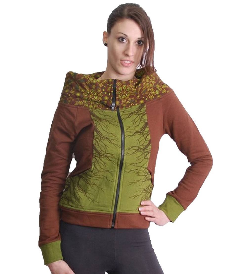 Kunst Und Magie Braun-Grüne Boho-Jacke Sweatjacke mit Rollkragen