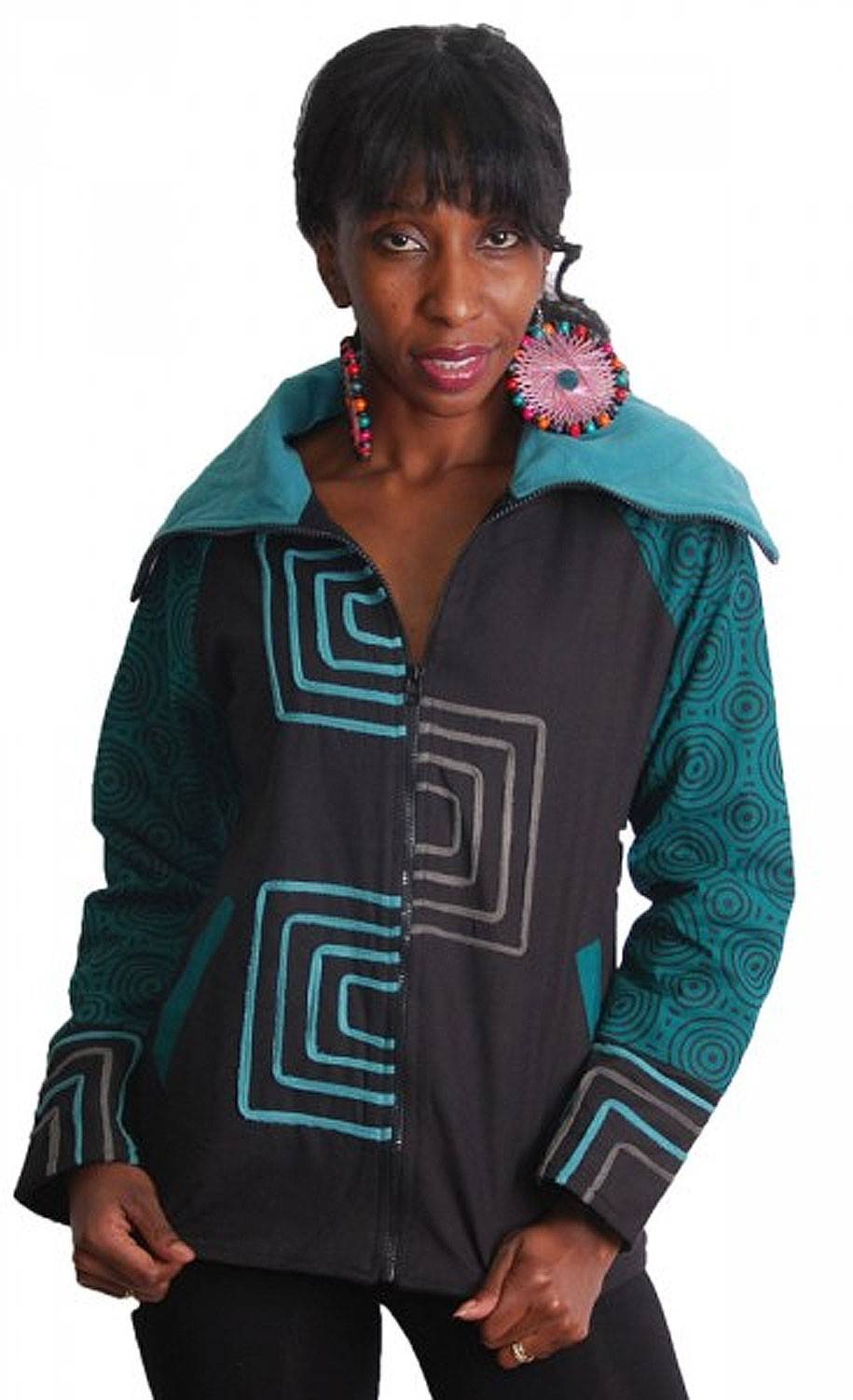Kunst Und Magie Schwarz-Türkise Boho Jacke mit Rollkragen und Fleecefutter Rabatte dieses Monats
