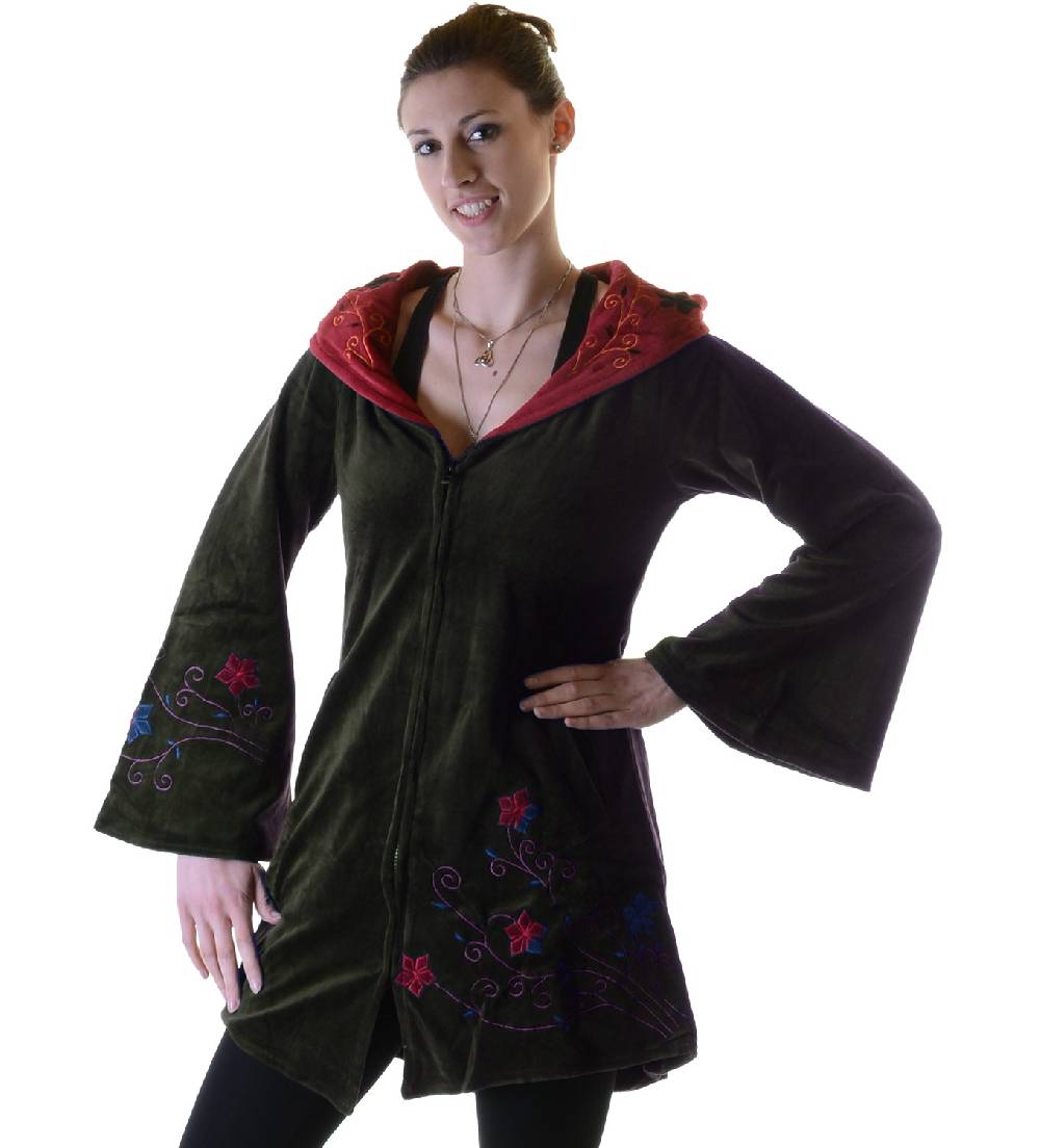 Kunst Und Magie Elfenhafte Samtjacke mit Zipfelkapuze mit Blumenstickerei Letzter Tag