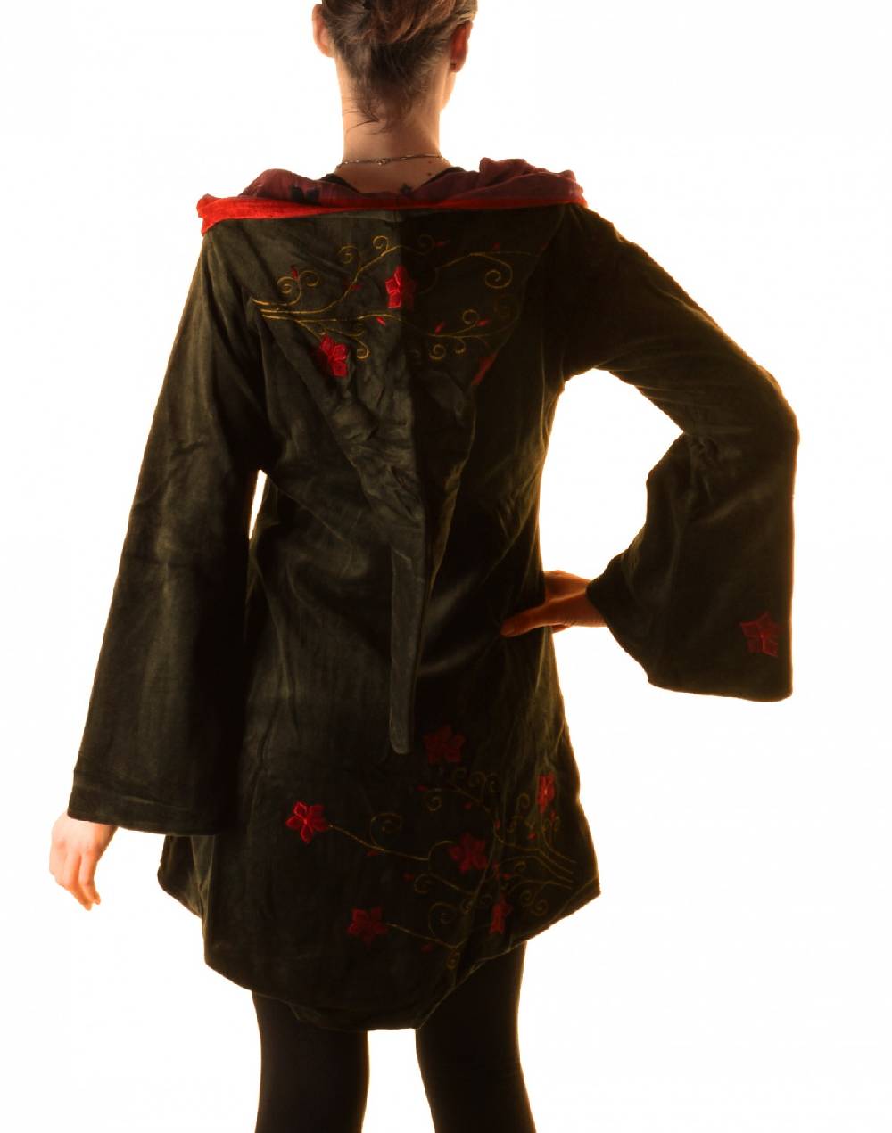 Kunst Und Magie Elfenhafte Samtjacke mit Zipfelkapuze mit Blumenstickerei Letzter Tag