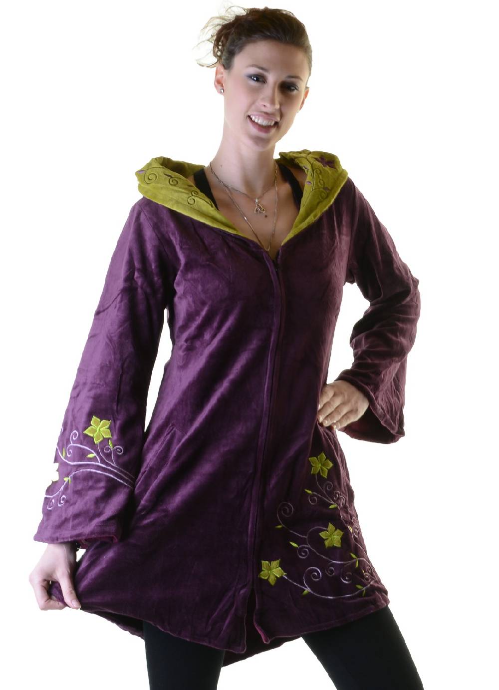 Kunst Und Magie Elfenhafte Samtjacke mit Zipfelkapuze mit Blumenstickerei Letzter Tag