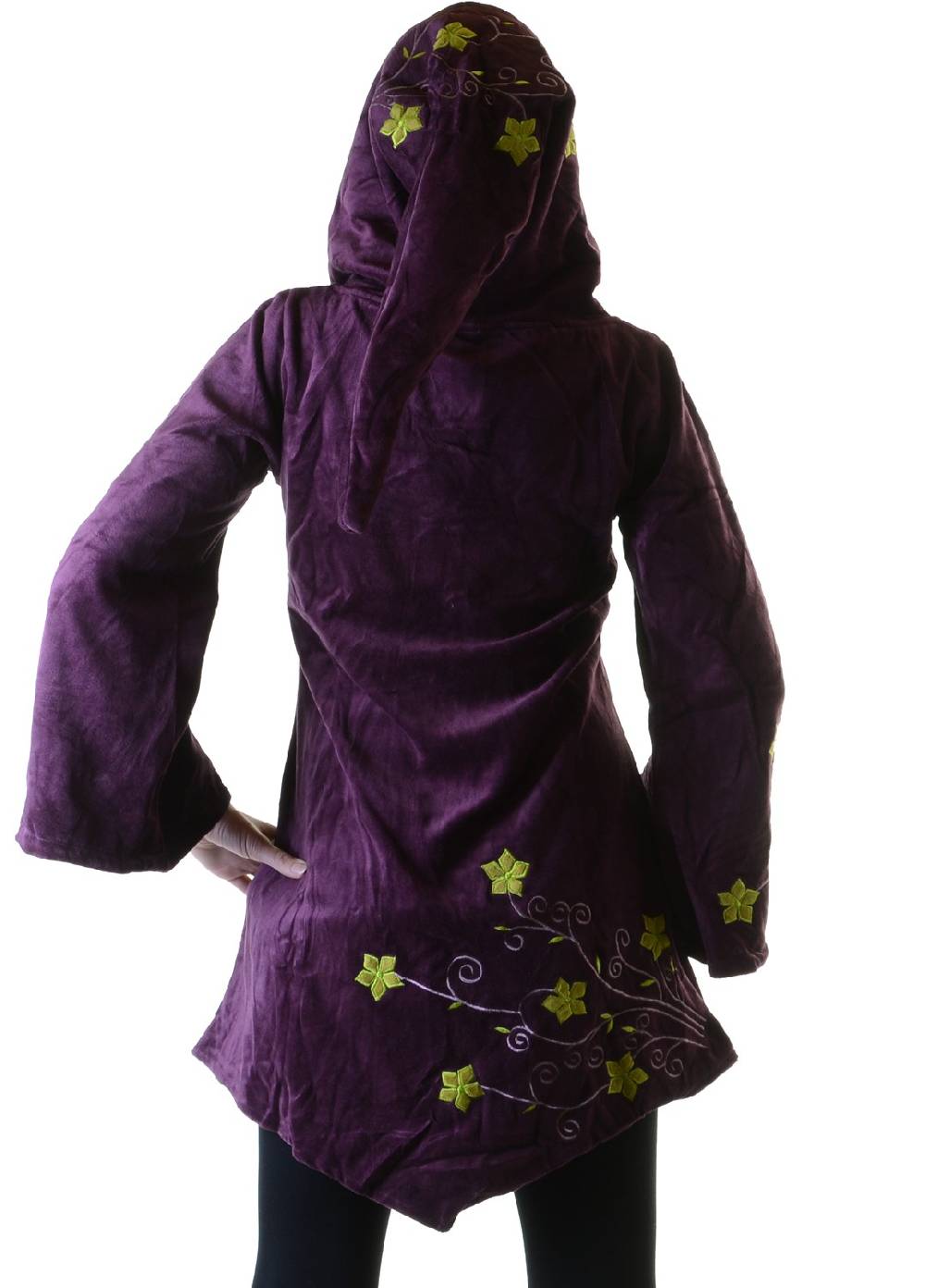 Kunst Und Magie Elfenhafte Samtjacke mit Zipfelkapuze mit Blumenstickerei Letzter Tag