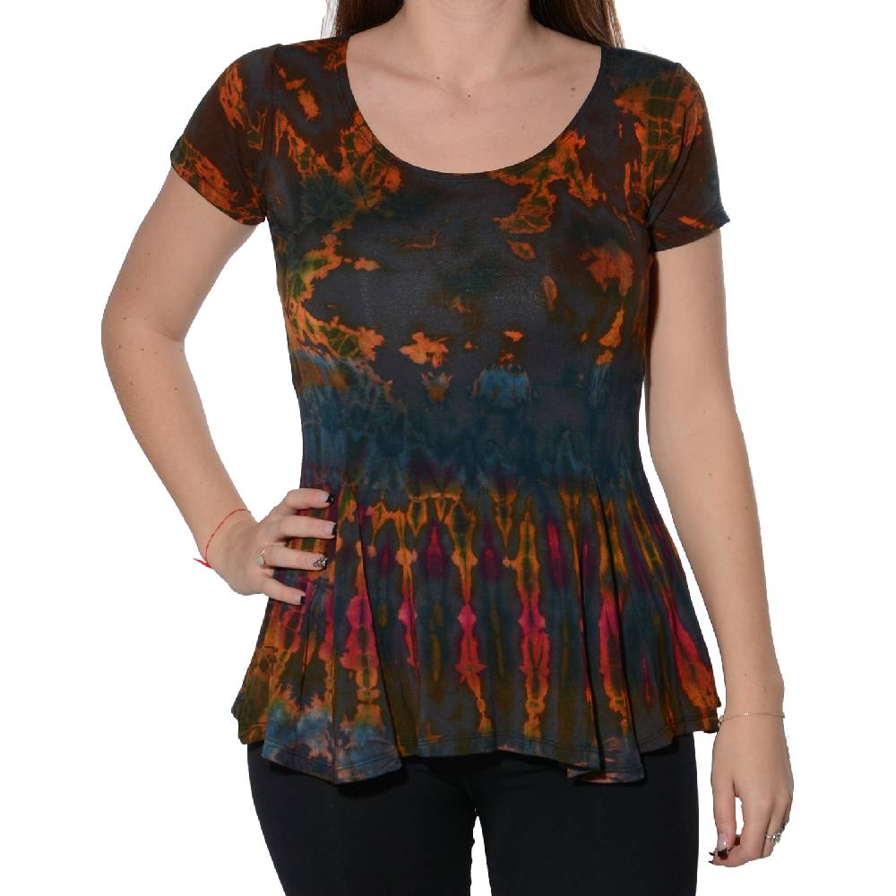 Kunst Und Magie Kunst und Magie Damen Buntes Tie Dye Batik T-Shirt mit Volant Clearance-Verkauf