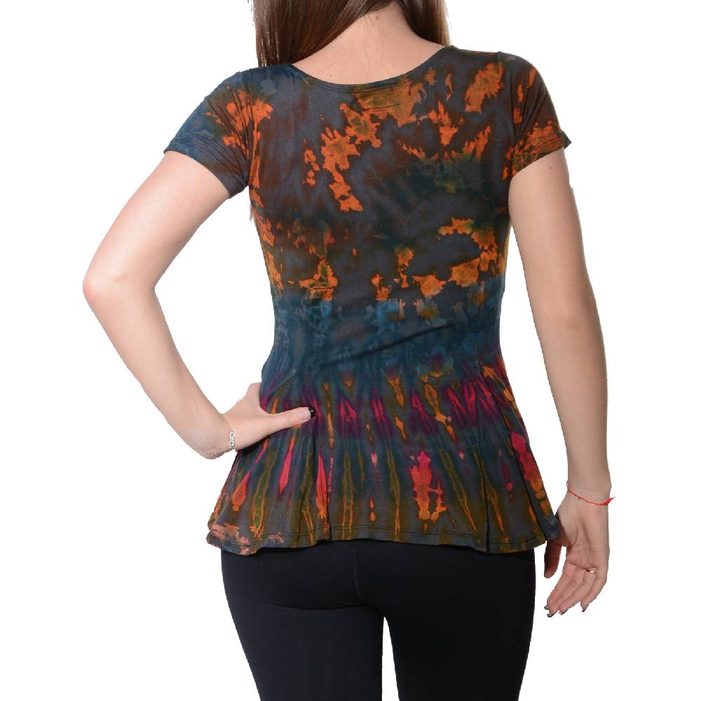 Kunst Und Magie Kunst und Magie Damen Buntes Tie Dye Batik T-Shirt mit Volant Clearance-Verkauf