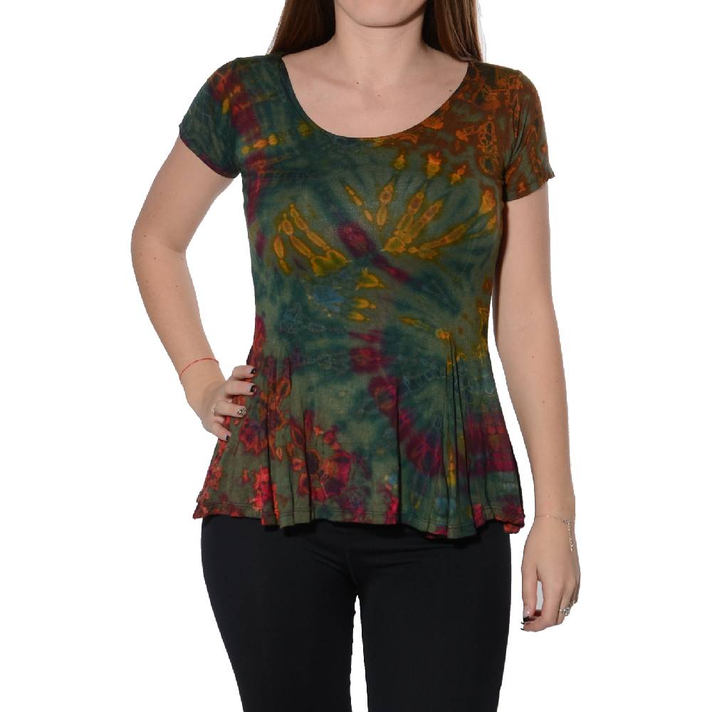 Kunst Und Magie Kunst und Magie Damen Buntes Tie Dye Batik T-Shirt mit Volant Clearance-Verkauf