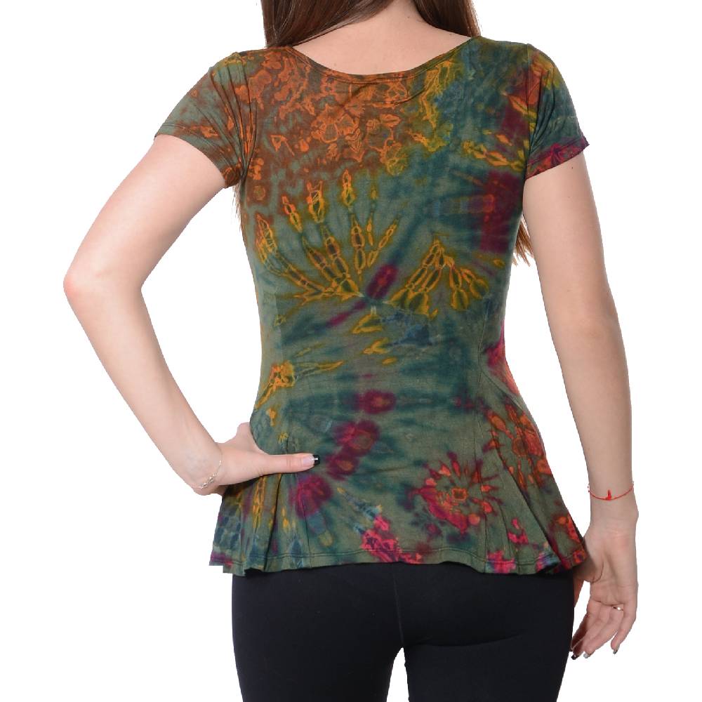 Kunst Und Magie Kunst und Magie Damen Buntes Tie Dye Batik T-Shirt mit Volant Clearance-Verkauf