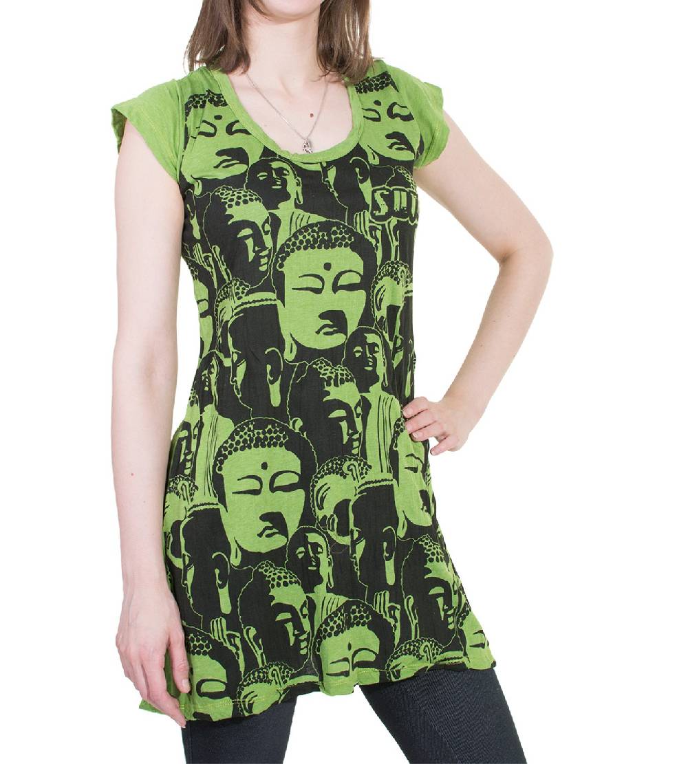 Kunst Und Magie 70er Retro Longshirt Minikleid Sure Psy Goa T-Shirt mit Buddha Köpfen