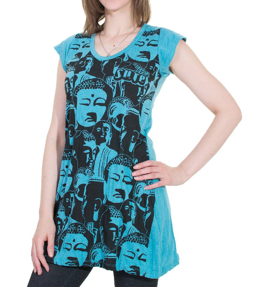 Kunst Und Magie 70er Retro Longshirt Minikleid Sure Psy Goa T-Shirt mit Buddha Köpfen Black Friday Preise
