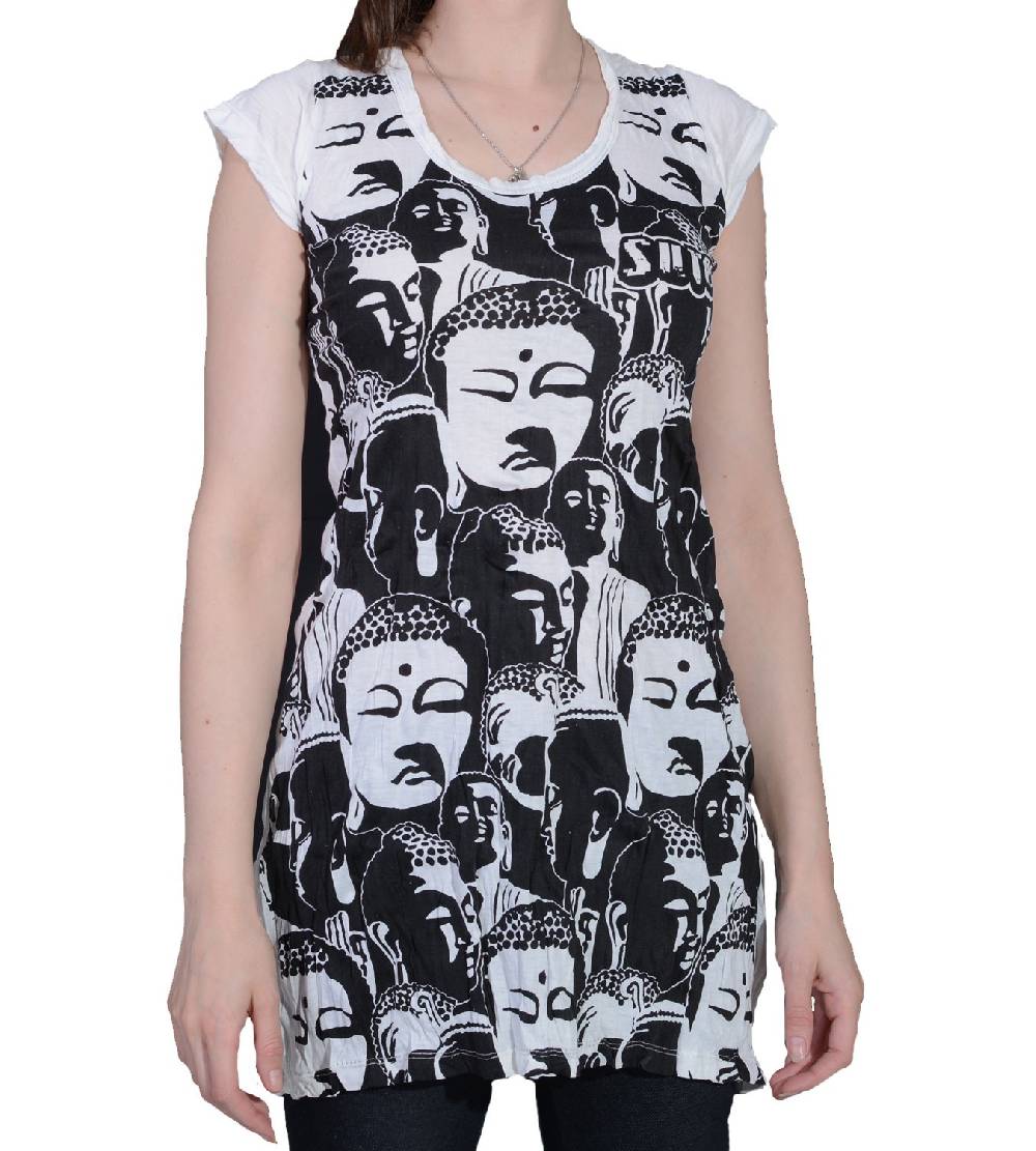 Kunst Und Magie 70er Retro Longshirt Minikleid Sure Psy Goa T-Shirt mit Buddha Köpfen Black Friday Preise