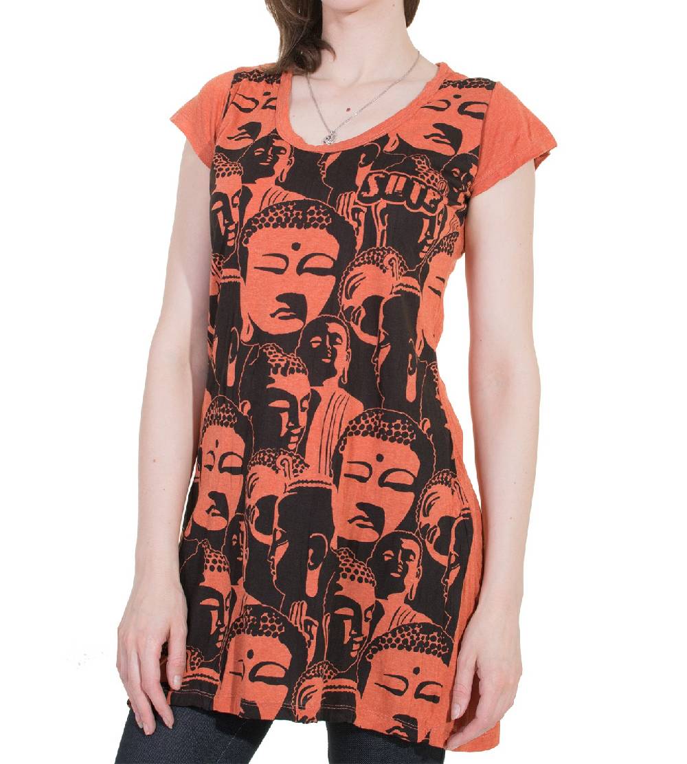 Kunst Und Magie 70er Retro Longshirt Minikleid Sure Psy Goa T-Shirt mit Buddha Köpfen Black Friday Preise