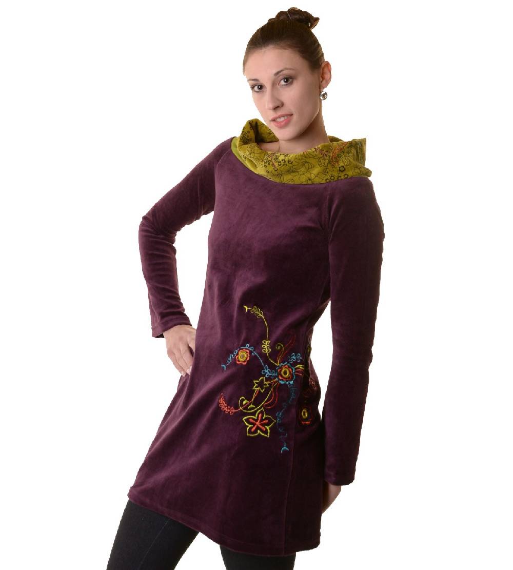 Kunst Und Magie Boho Tunika/Kleid mit Kragen aus Samt Muttertagsangebot