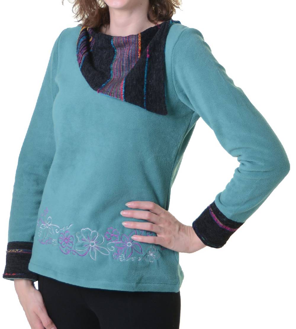 Kunst Und Magie Fleecepullover mit Blumenmustern und auffälligem Baumwoll-Kragen - Damen Oberteil Hippie Goa Boho Überzieher Zeitlich begrenztes Angebot