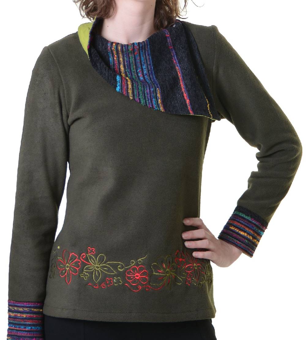 Kunst Und Magie Fleecepullover mit Blumenmustern und auffälligem Baumwoll-Kragen - Damen Oberteil Hippie Goa Boho Überzieher Zeitlich begrenztes Angebot