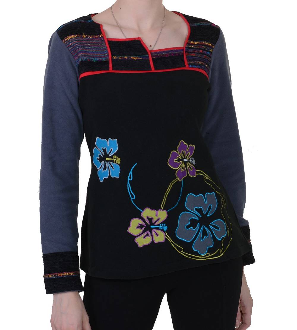Kunst Und Magie Fleeceoberteil mit wunderschönem Blumenstick für hippe Damen Boho Hippie Goa Psy Exklusive Angebote