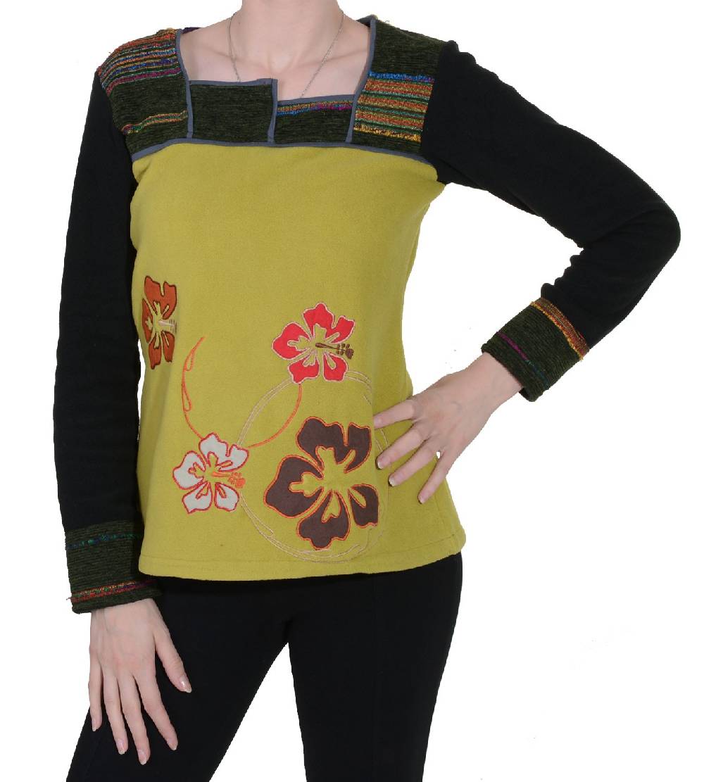 Kunst Und Magie Fleeceoberteil mit wunderschönem Blumenstick für hippe Damen Boho Hippie Goa Psy Exklusive Angebote