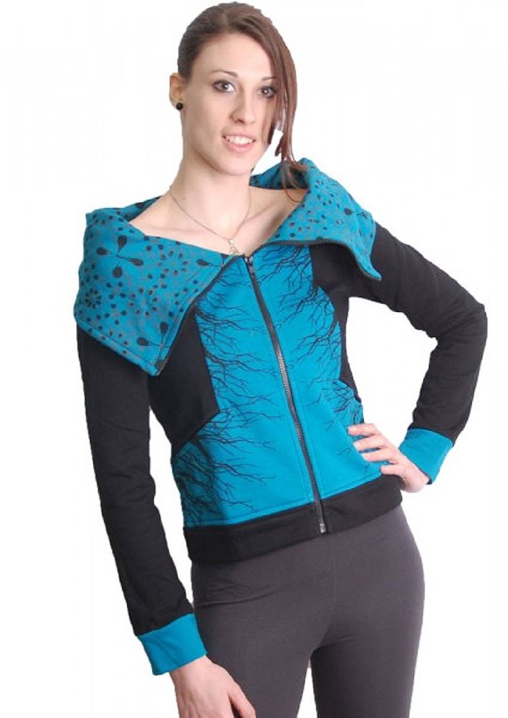 Kunst Und Magie Blau-Schwarze Boho Jacke Sweatjacke mit Rollkragen
