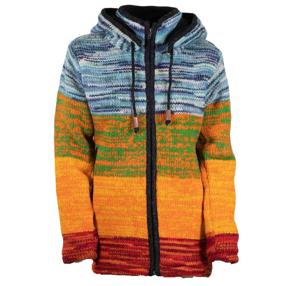 Kunst Und Magie Damen Strickjacke Goa Wolle Jacke mit abnehmbarer Zipfelkapuze Fleecefutter Rainbow Vierteljährliche Förderung