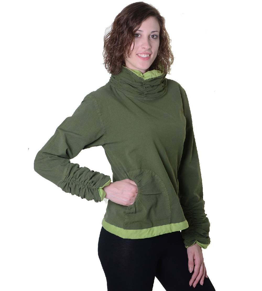 Kunst Und Magie Damen Pullover aus Baumwolle im Rollkragen Rüschen-Look - Hippie Oberteil Fabrikladen