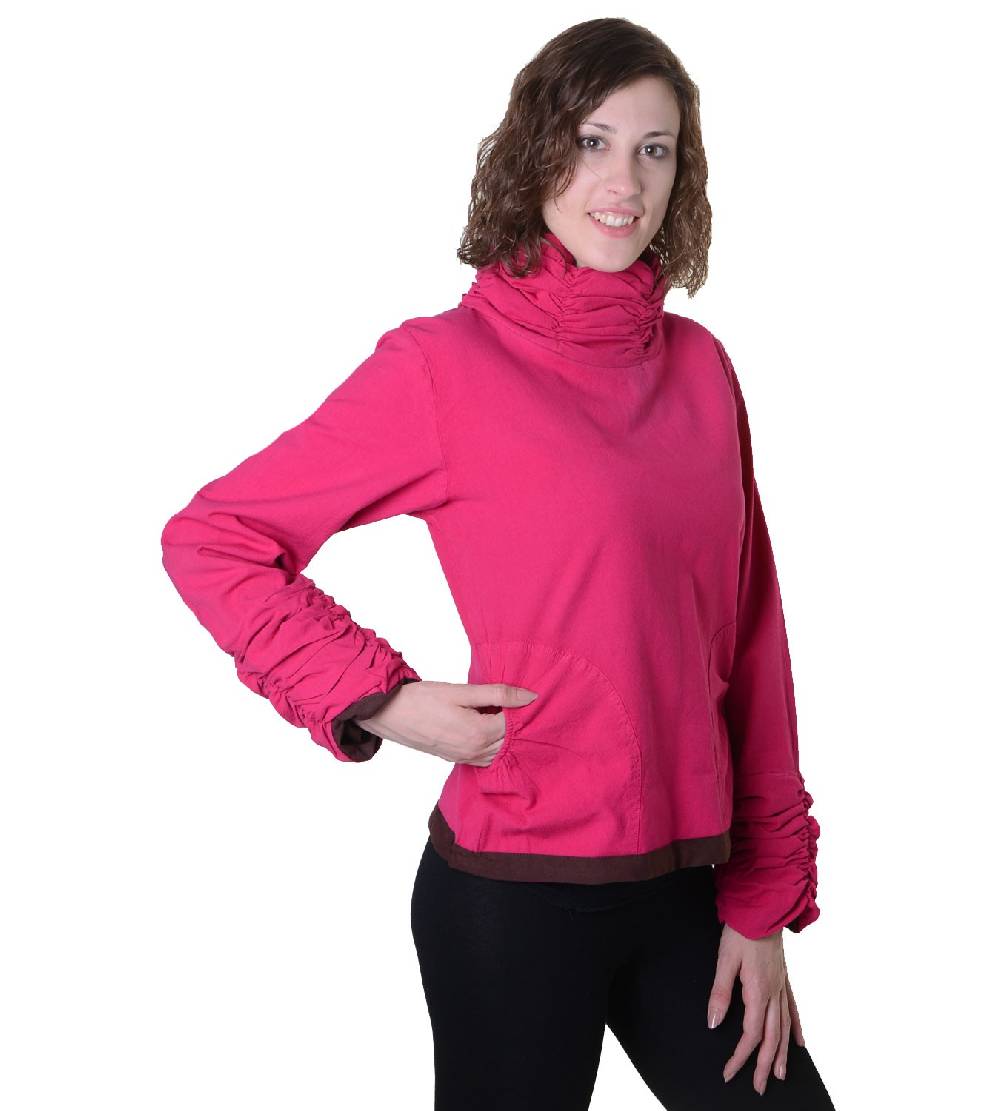 Kunst Und Magie Damen Pullover aus Baumwolle im Rollkragen Rüschen-Look - Hippie Oberteil Fabrikladen