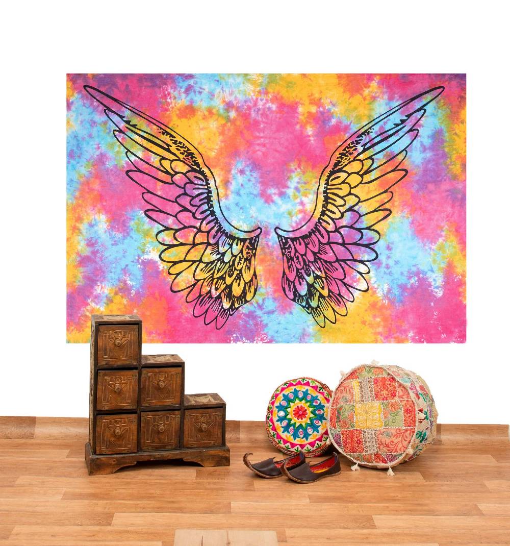 Kunst Und Magie Tagesdecke Wandbehang Bunt Deko Tuch Engelflügel Goa Hippie ca.200 x 140cm