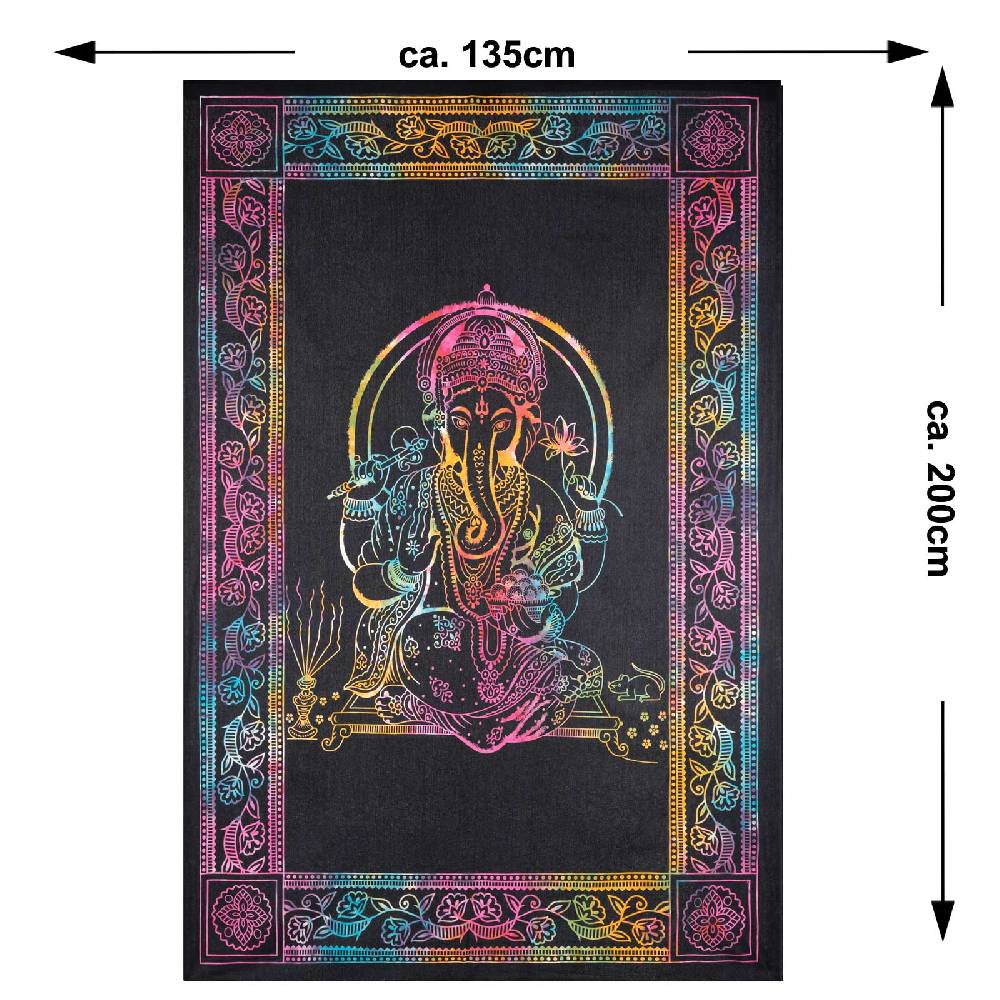 Kunst Und Magie UV Tuch Ganesha Tagesdecke Wandbehang Deko Meditation UV Schwarzlicht ca. 200 x 135 cm Lagerräumung