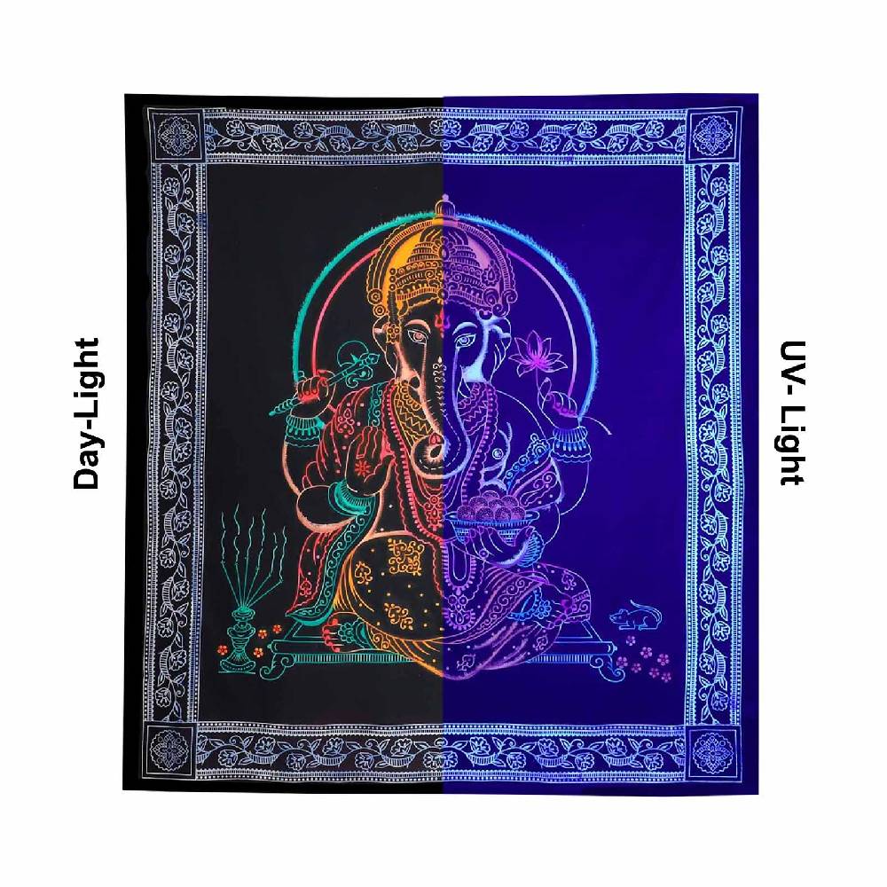 Kunst Und Magie UV Tuch Ganesha Tagesdecke Wandbehang Deko Meditation UV Schwarzlicht ca. 200 x 135 cm Lagerräumung