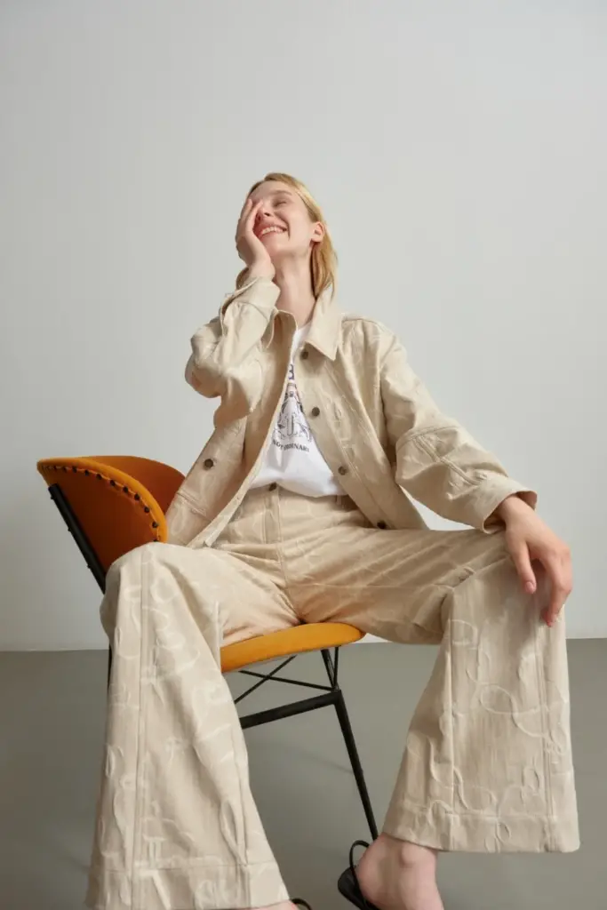 Lala Berlin Pants Pamir cotton mix lalagram jacquard beige Riesige Ersparnisse
