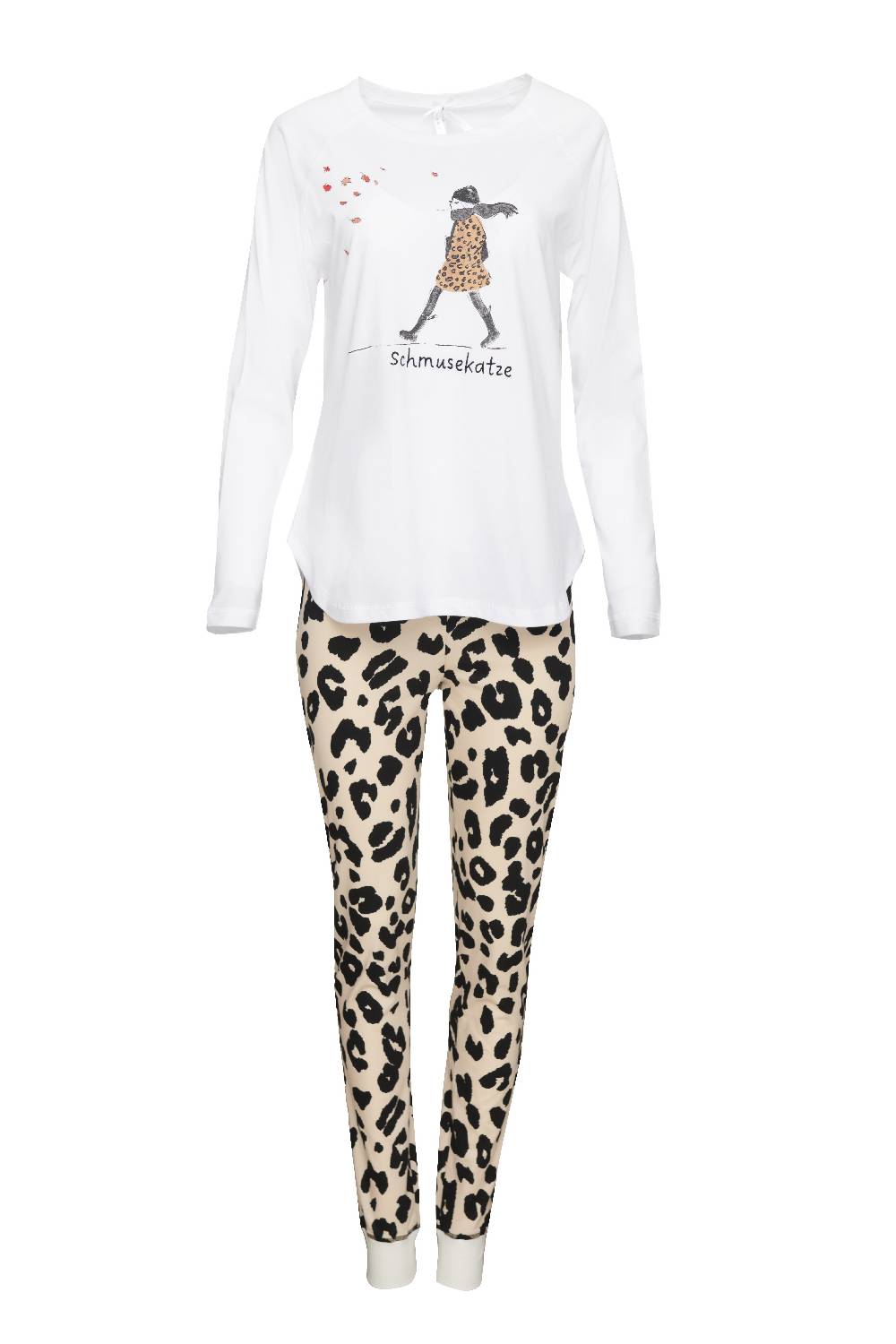 Louis & Louisa Pyjama Damen Bündchen "Leo-Mädchen", weiß / leo allover