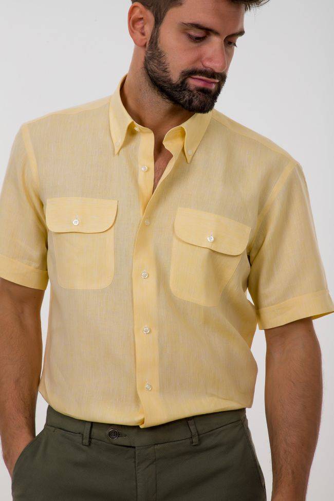 aplomb Hemd Herren Aplomb Classic Einfarbig 100% Leinen kragen Button-Down Kurze Ärmel Schlussverkauf