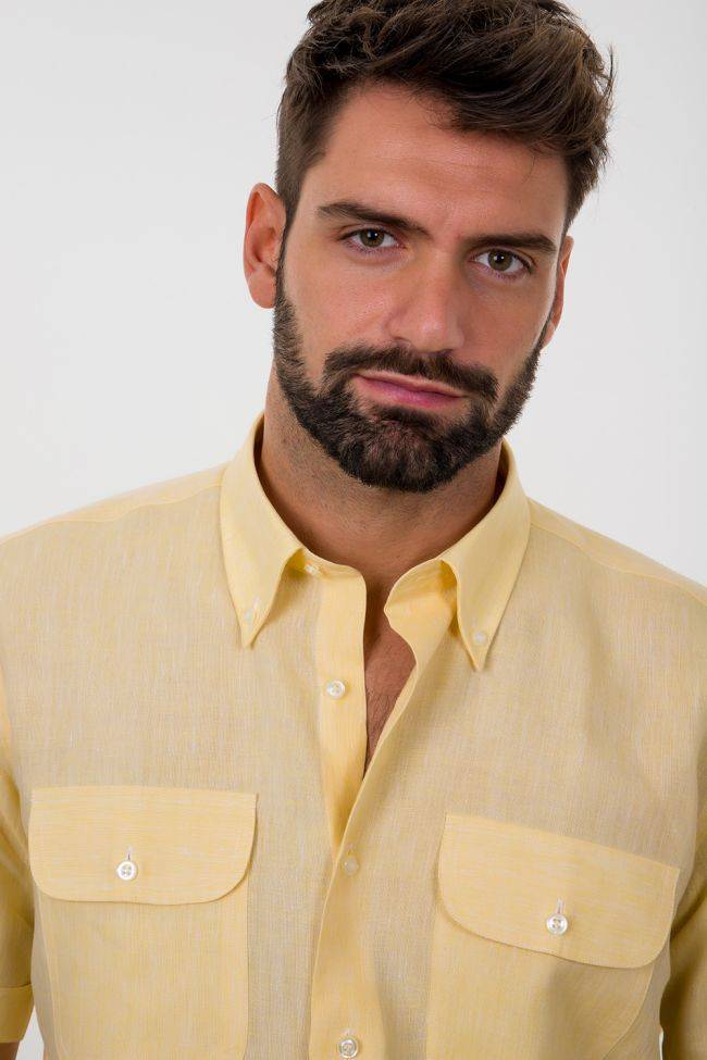 aplomb Hemd Herren Aplomb Classic Einfarbig 100% Leinen kragen Button-Down Kurze Ärmel Schlussverkauf