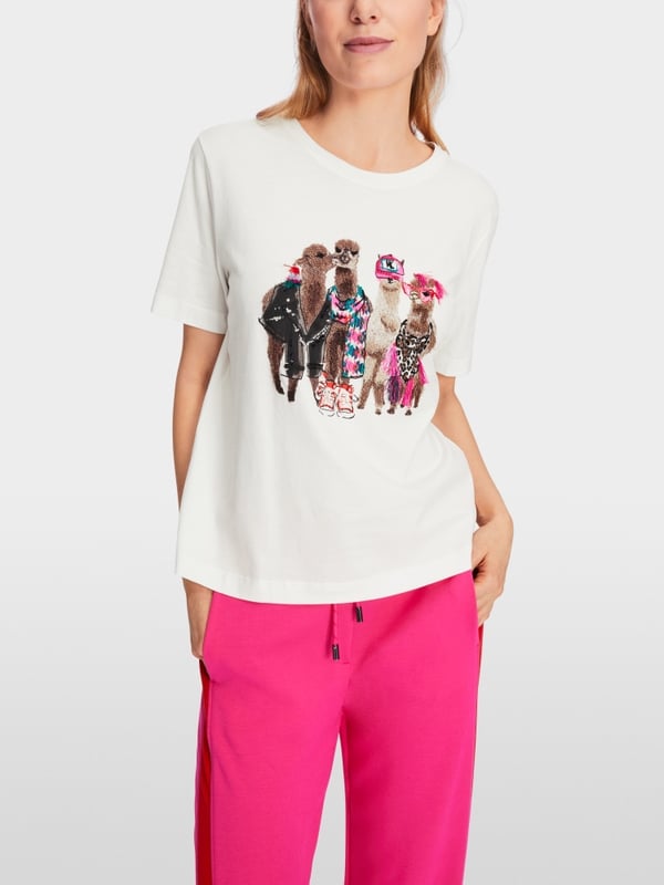 Marc Cain Baumwoll-T-Shirt mit Lama-Gang-Motiv Kostenloser Versand international