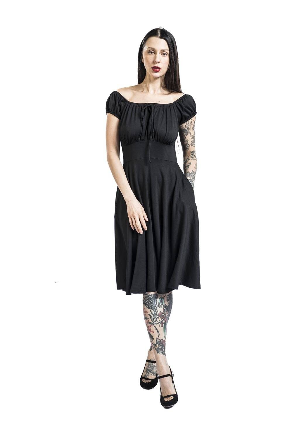 EMP "Gathered Neckline Flare Dress" Mittellanges Kleid schwarz von Voodoo Vixen Valentinstagsangebot