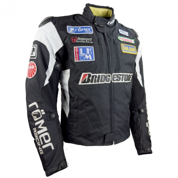 Roleff RO758 - Schwarz Weiße Motorradjacke mit Sponsorenaufnähern zollfrei