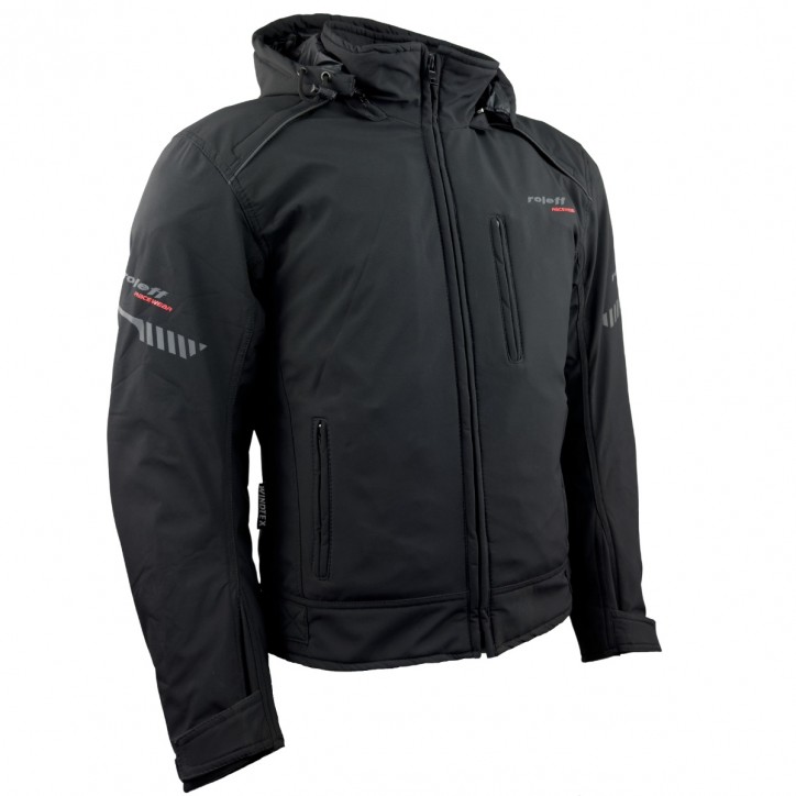 Roleff RO1513 - Schwarze Softshell Motorradjacke mit Hoodie 50% Rabatt für begrenzte Zeit