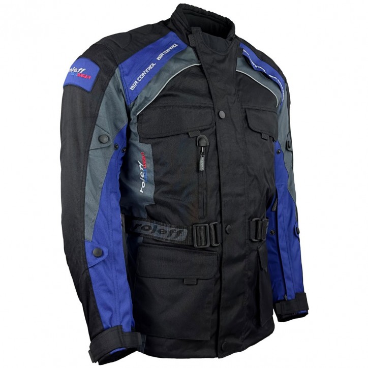 Roleff RO783 - Motorradjacke mit Wind-Tex® Klimamembrane - Belüftung - CE Protektoren - Schwarz / Blau Black Friday