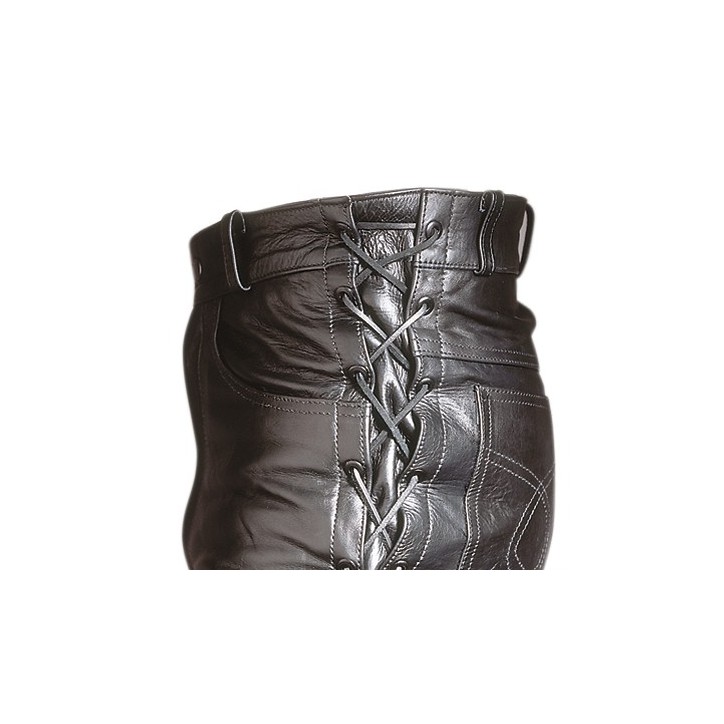 Roleff RO3 - Klassische, schwarze Schnürlederjeans aus echtem Rindsleder Sonderangebot der Fabrik