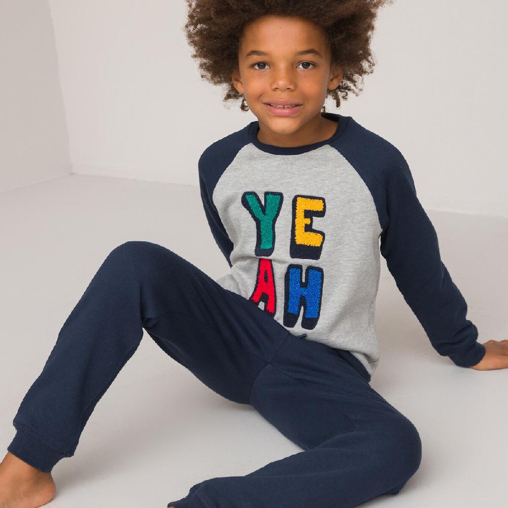 laredoute Pyjama aus Sweatware mit gestickter Frotteeschrift blau/grau LA REDOUTE COLLECTIONS Auslauf