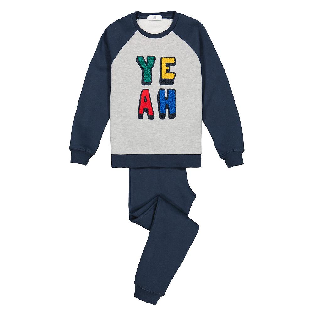 laredoute Pyjama aus Sweatware mit gestickter Frotteeschrift blau/grau LA REDOUTE COLLECTIONS Auslauf
